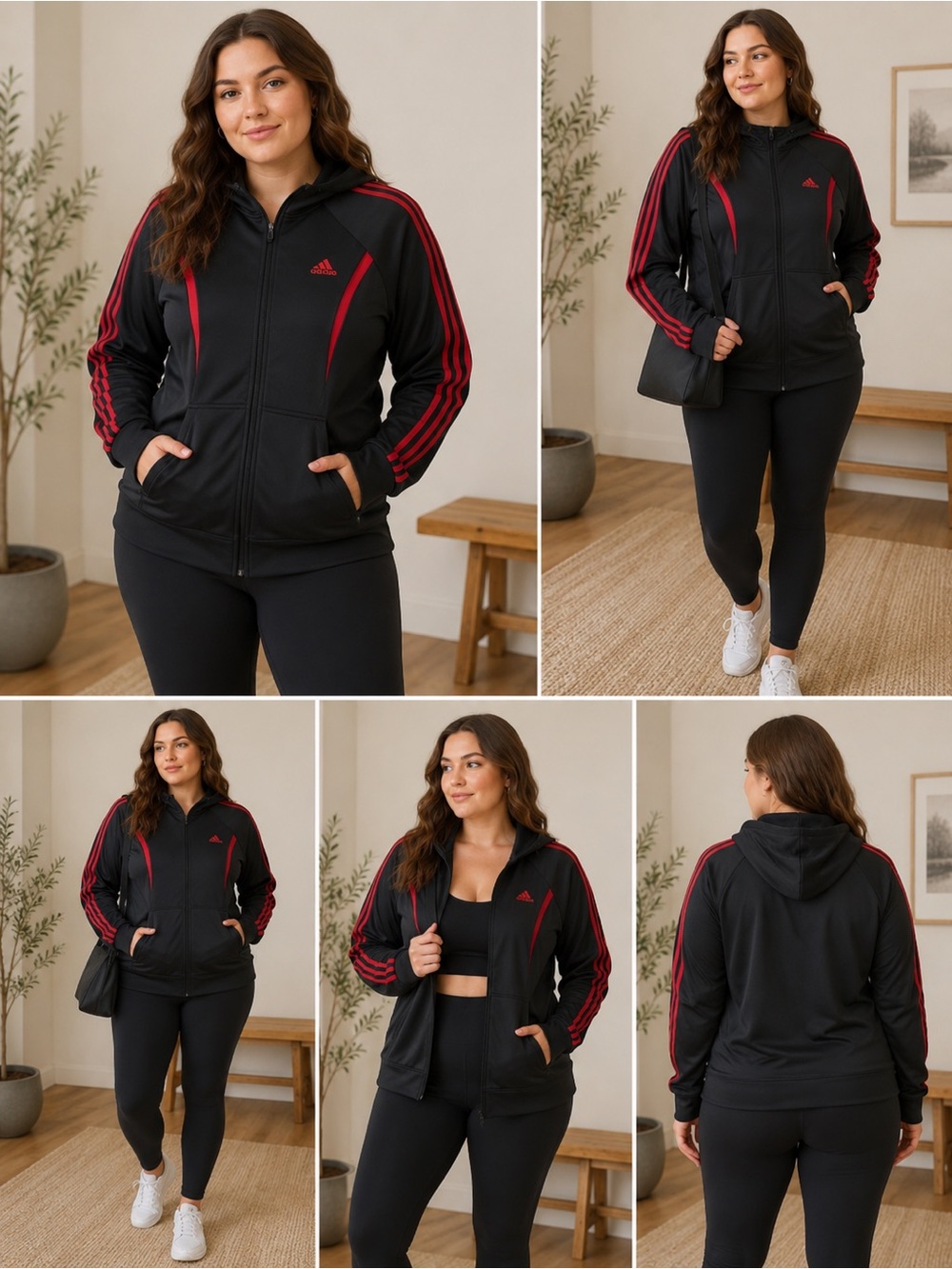 Adidas Women’s L Large Black Red Track Jacket Zip Up Classic Hooded Pockets